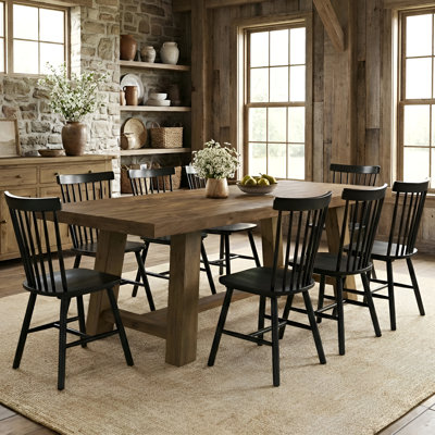 Solid Wood Dining Table Set, Rectangular Distressed Pine Dining Table And Slat Back Windsor Dining Chairs For Kitchen/Dining Room
