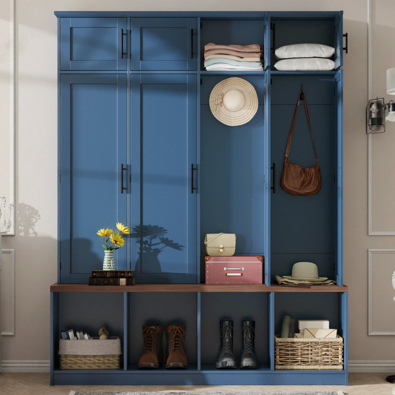 75" Farmhouse Hall Tree with 4 Hidden Hooks, 8 Shoe Doors, 4 Open Cubbies, 180 lb Bench, Anti-Tip Kit, Mudroom Entryway, Blue