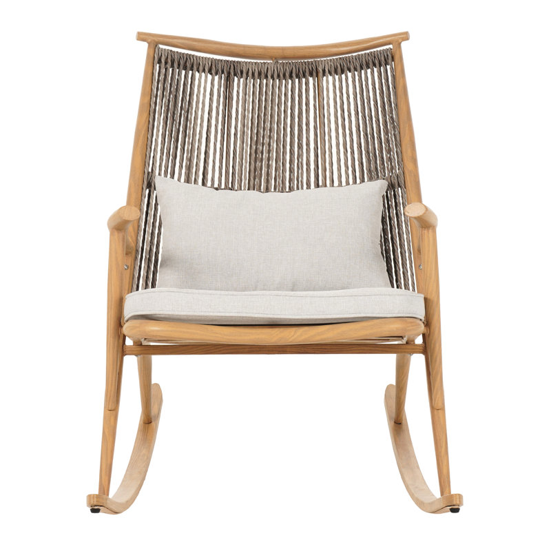 Chaise berçante d'extérieur confortable avec structure en fer robuste résistant aux intempéries dans les tons d'érable, pe gris pour plus de confort, structure de couleur coussin élégante, dossier tissé, rembourrage épais