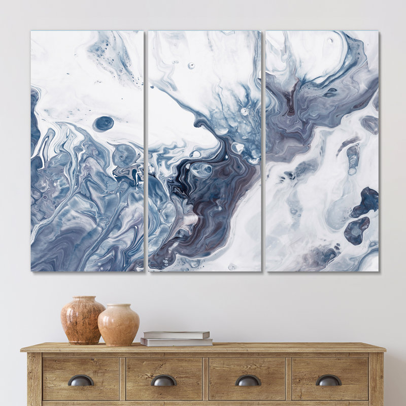 «Blue Grey and White Liquide Waves I», reproduction d'art sur toile moderne, H 28 po x l 36 po x P 1 po