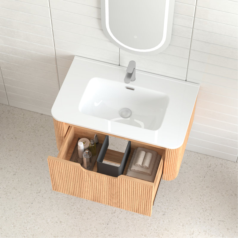 Meuble-lavabo suspendu de 76 cm (30 po) avec lavabo en céramique blanche, noyer naturel, bords arrondis, préassemblé, fermeture amortie, tiroir de rangement spacieux, style américain