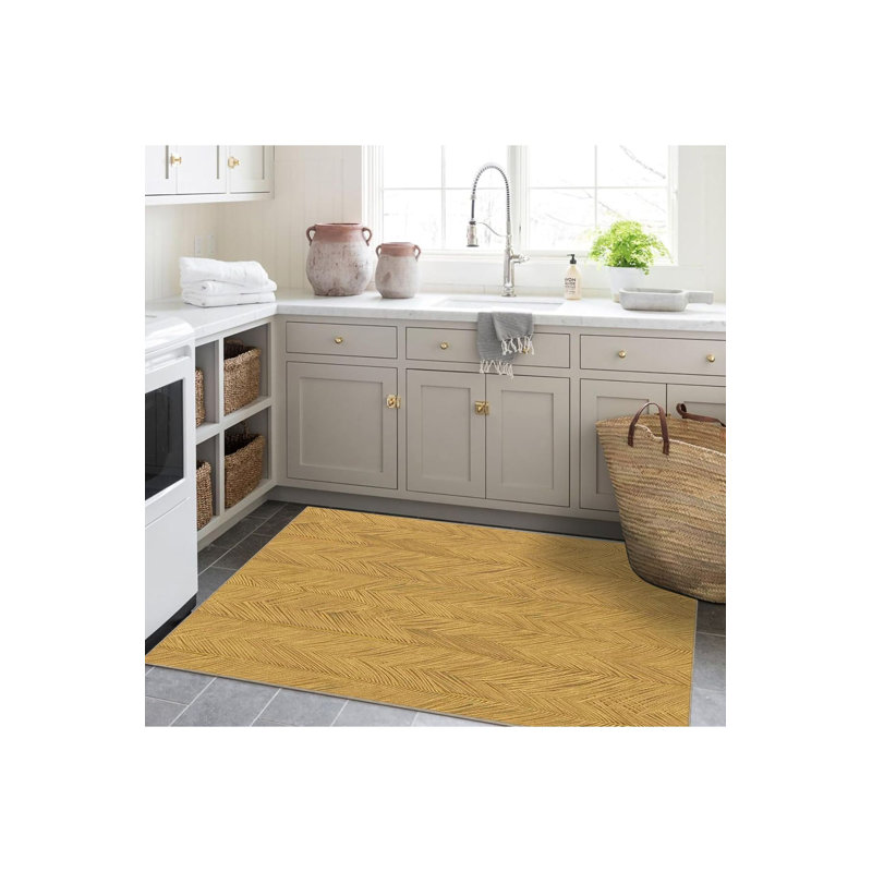 Tapis jaune lavable moderne à motif tissé jaune, Sous-tapis rectangulaire de 3 pi 3 po x 4 pi 11 po