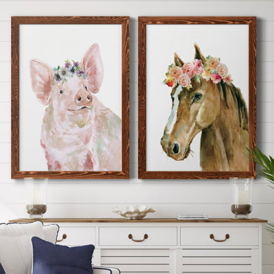 Cochon couronne de fleurs - ensemble de 2 peintures