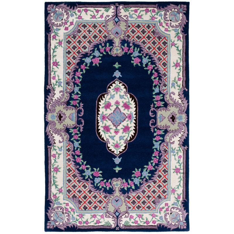 Tapis bleu marine / ivoire en laine touffeté à la main Couran, Rectangle 5 pi x 8 pi