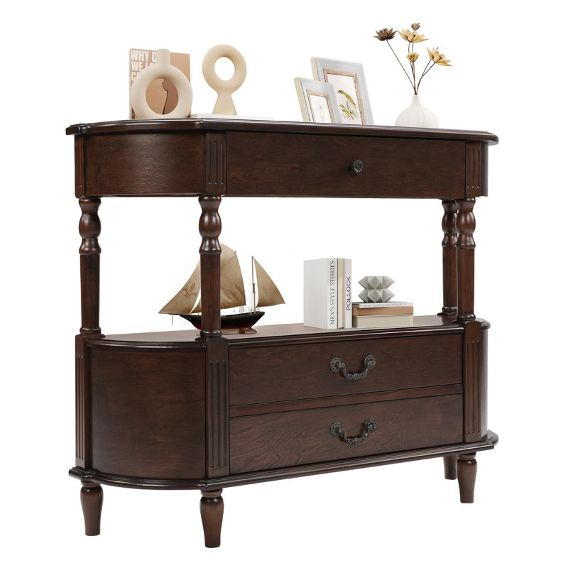 Solid Wood Half Moon Console Table with Drawers, 43 Inch Curved Retro Sofa Table for Entryway, Made of Pine with Roman Legs and Espresso Finish