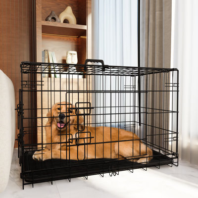 Dog Crate, 42 Inch Large Dog Cage With Divider And Plastic Leak-proof Pan Tray, Double Door Folding Metal Wire Cage For Indoor, Outdoor, And Travel, Made In Vietnam