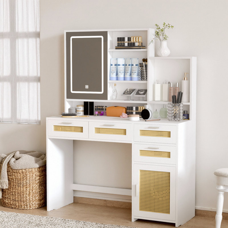 43" Rattan-Accent Vanity – 3-Color LED Mirror, 4 Deep Drawers, Sliding Cabinet, Hidden Back-Of-Mirror Storage, Nightstand Mode