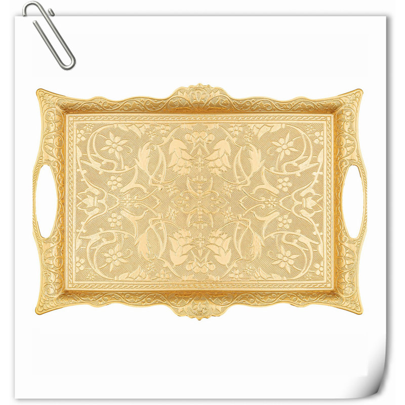 Gold Ottoman Turkish Zamak Serving Tray with Intricate Motifs
