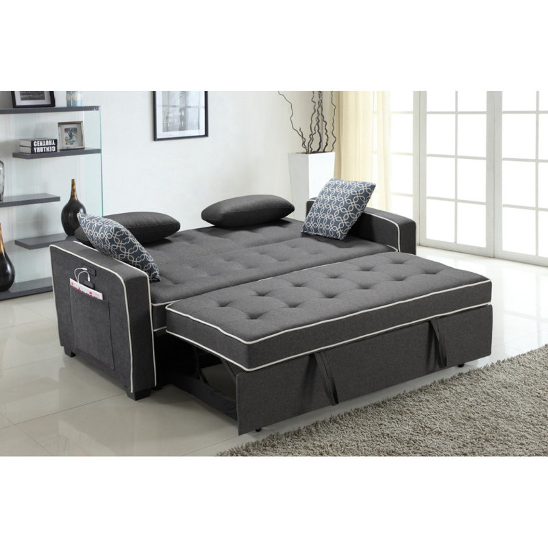 Canapé-lit moderne en tissu gris 70 po avec 2 ports de chargement USB et 4 coussins décoratifs Modern