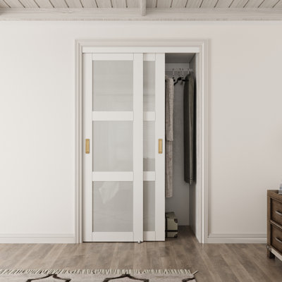80" Height 3-Lite Forested Glass Sliding Closet Door  Hardware kit including, Golden Handles（No assembly required）