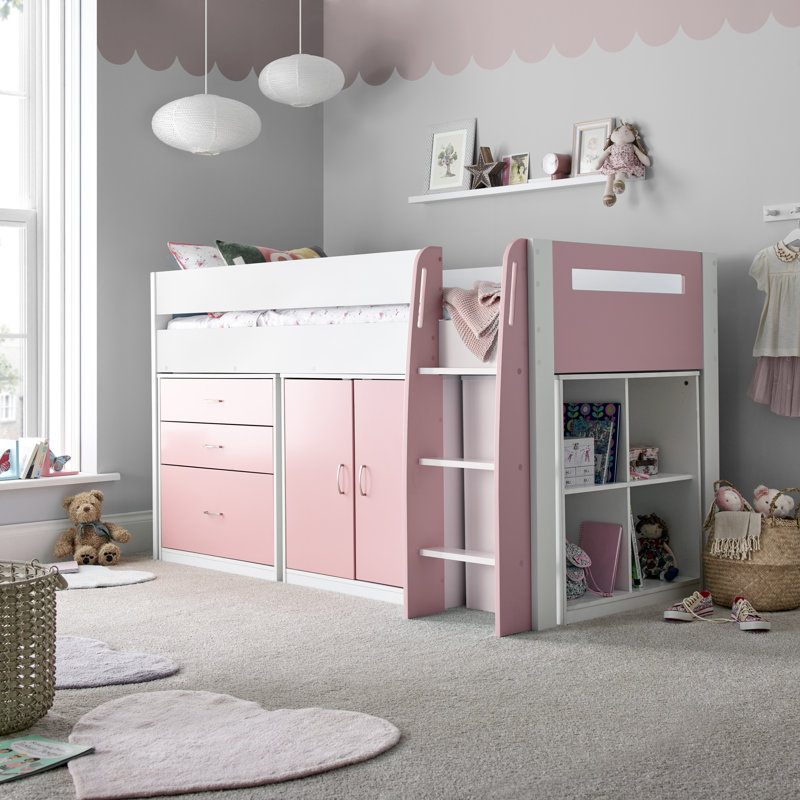 113 X 198cm Loft Bed Bed Frame with Built-in Ladder Included, Pink