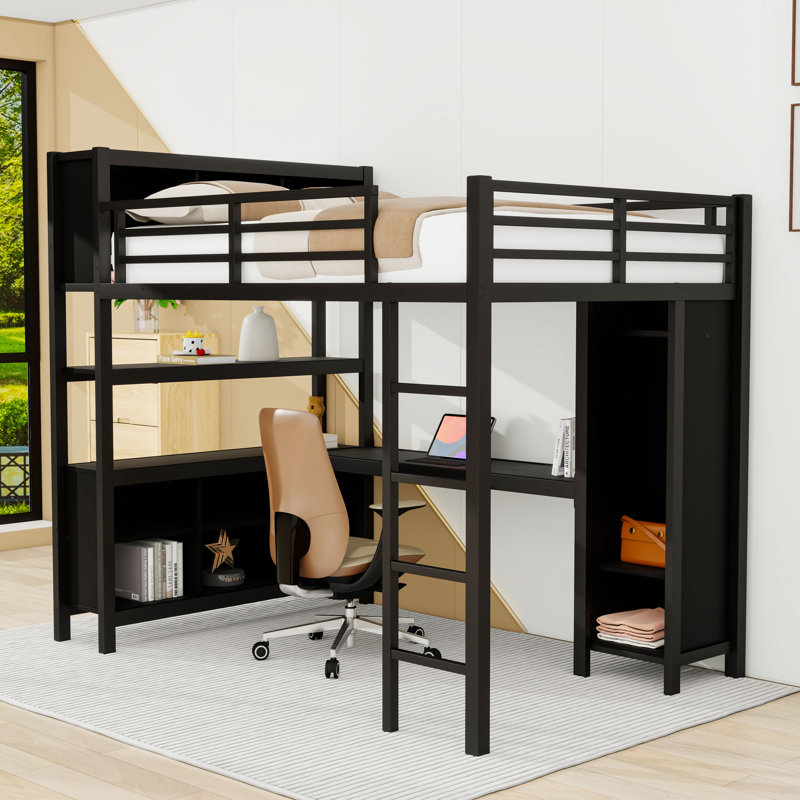 Full Size Metal Loft Bed with Desk, Shelves and Wardrobe, Black