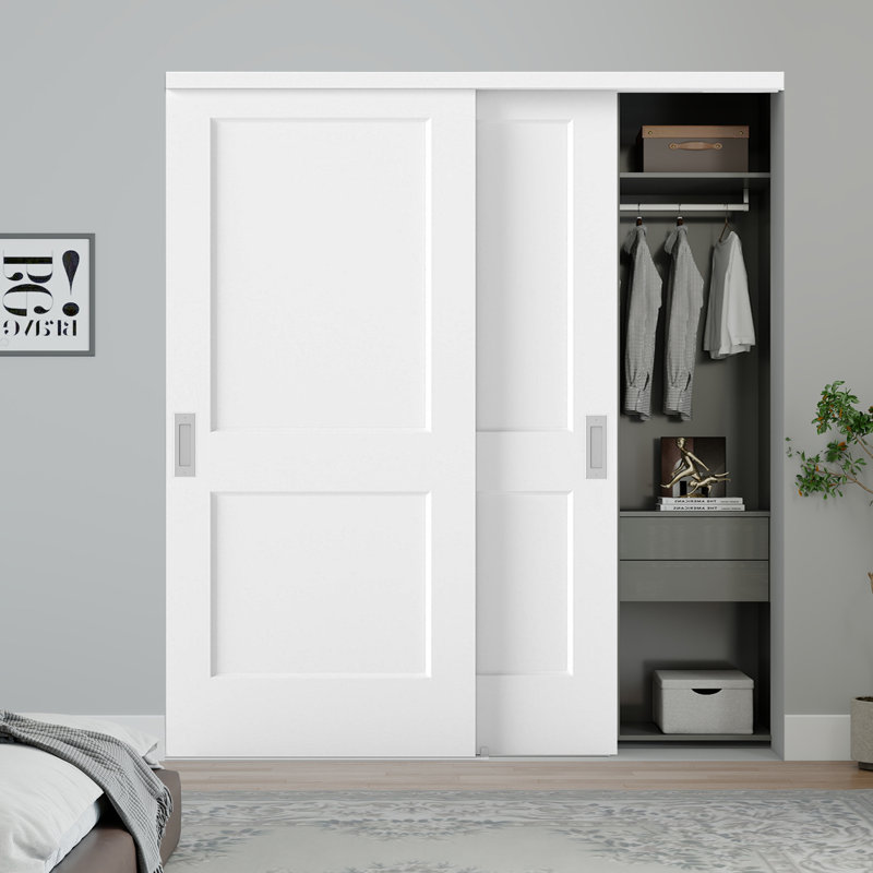 72"X80" Flat 2-Panel Smooth White Primed Molded Sliding Closet Doors With Installation Hardware Kit and Stain Nickel Flush Pull