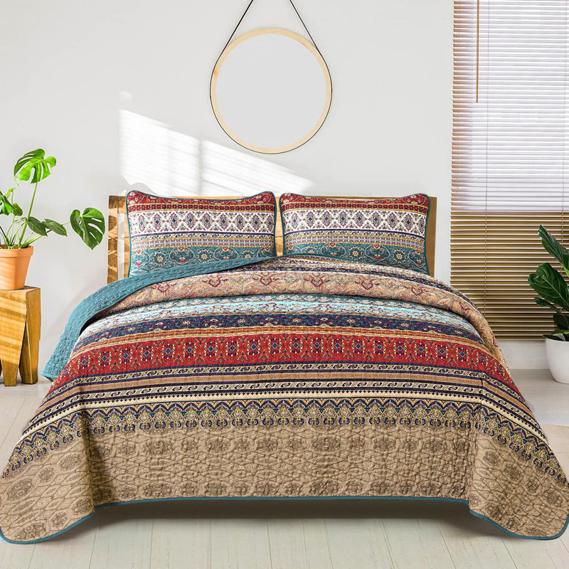 Ensemble de 3 courtepointe Boho Bohemian, Bleu / Orange, Courtepointe très grand et 2 très grandes taies 