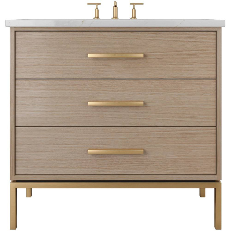 Rift White Oak Three-Drawer Single Bath Vanity, 30", Natural Weathered, Satin Gold