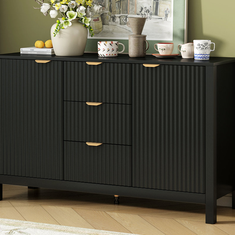 Buffet à motif ondulé - 3 tablettes réglables, 3 tiroirs et portes à fermeture en douceur, console de rangement avec poignées en métal, convient pour le bureau, le couloir et le salon