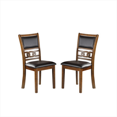 Side Chair Set of 2 with Faux Leather Upholstery in Classic Brown Walnut Finish for Dining Room