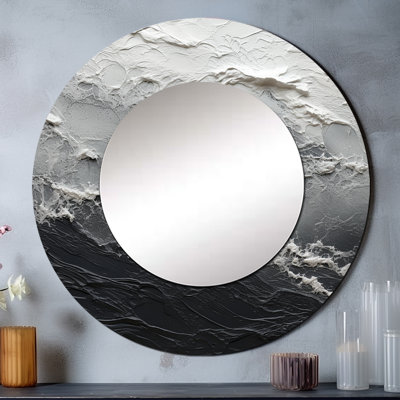 Minimalisme noir et blanc, vague de peinture - grand miroir côtier, miroir mural rond décoratif bord de mer, impression d'art en métal