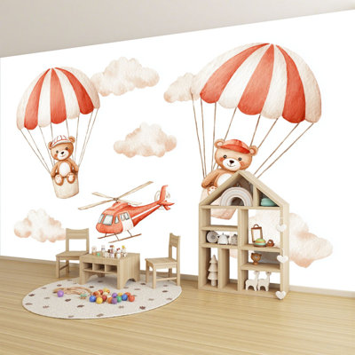 Papier peint adhésif pelez et collez, ours en peluche, héliport, avion, parachute, aquarelle, dessin, canette, art mural