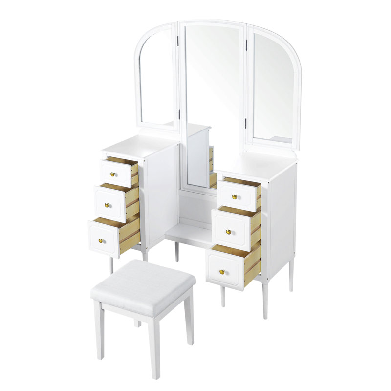 Bureau de coiffeuse antique avec miroir triple, ensemble de coiffeuse à 6 tiroirs avec tabouret, miroir pleine grandeur pour le vestiaire de la chambre à coucher