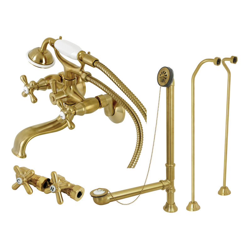 Kingston Brass Vintage Three-Handle 2-Hole Tub Wall Mount Clawfoot Tub Faucet Package with Supply Line, Hand Shower and Tub Drain