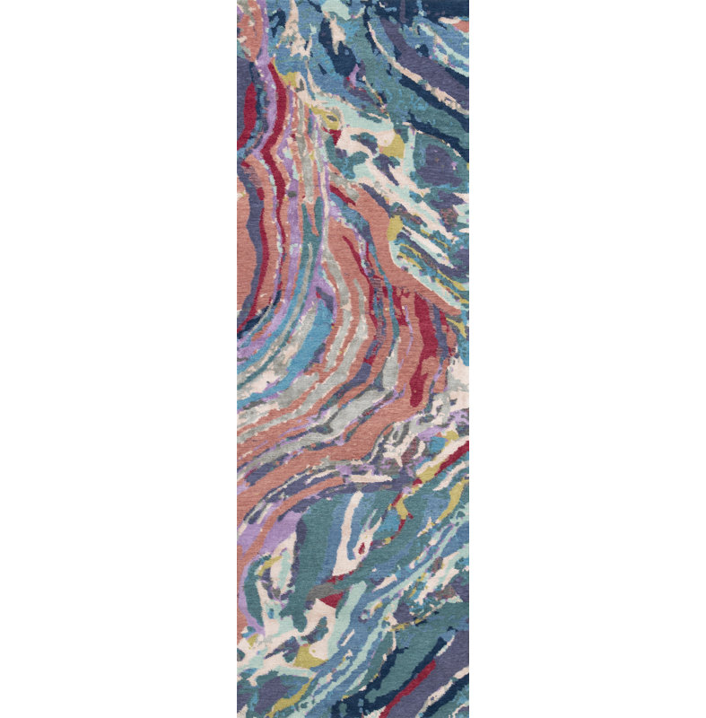 Hand Knotted Abstract Area Rug in Aqua/Silver/Plum, Runner 3' x 12'