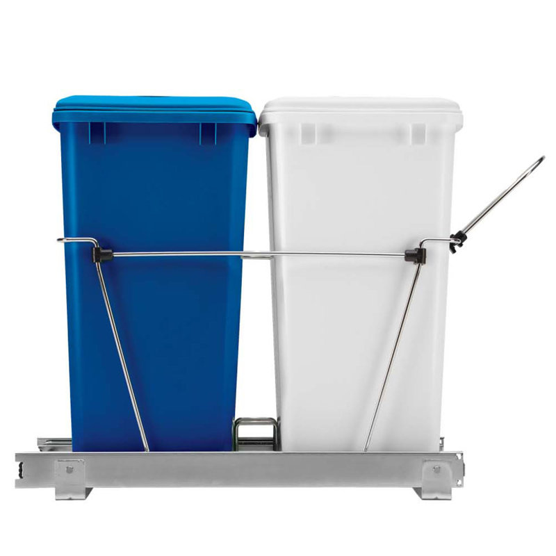 Double Sliding Pull-Out Waste Bin Containers, Blue/White, 19.25" H x 14.38" W x 22" D, 8.75