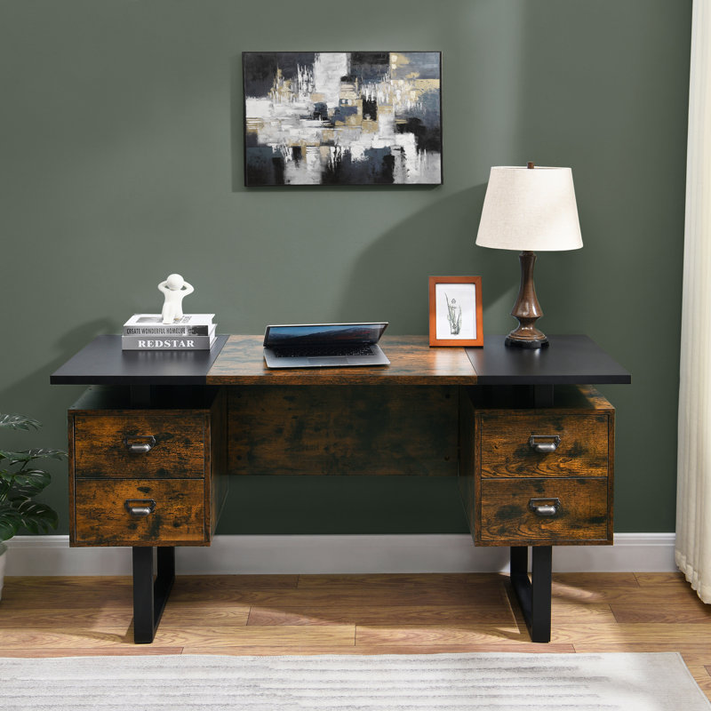Sousa Modern Computer Desk Office Desk with 4 Large Drawers, Rustic Brown/Black