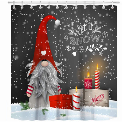 Winter Sprite Gnome Shower Curtain Set - Cute Xmas Holiday Fabric with Hooks