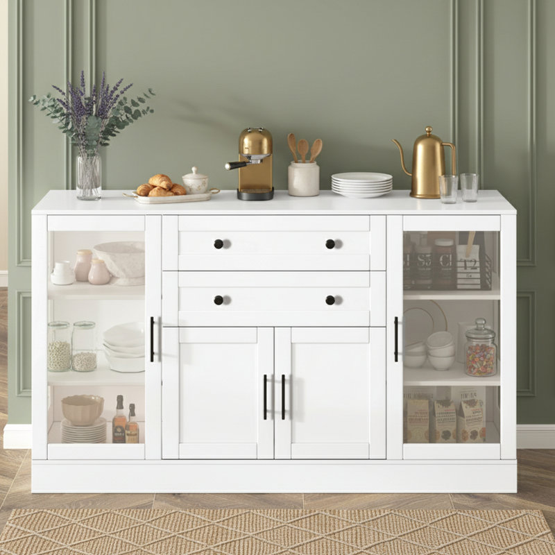 Buffet avec 2 tiroirs, tablettes réglables et prise de courant, Blanc
