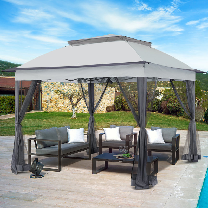 11 Ft. W x 11 Ft. D Pop Up Canopy Patio Gazebo with Mesh Wall, Gray