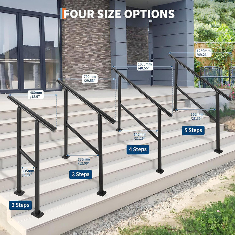 Rails réglables pour l'extérieur pour les marches, ensemble de rampes d'escalier en métal noir à 1 ou 5 marches pour porche et terrasse