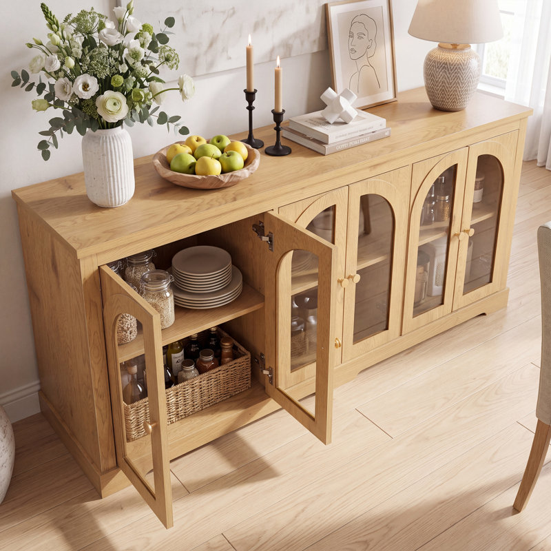 Grand buffet avec portes vitrées cintrées et tablettes ajustables, Natural