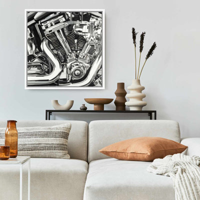 Motorcycle Mechanism Canvas | White Framed Art