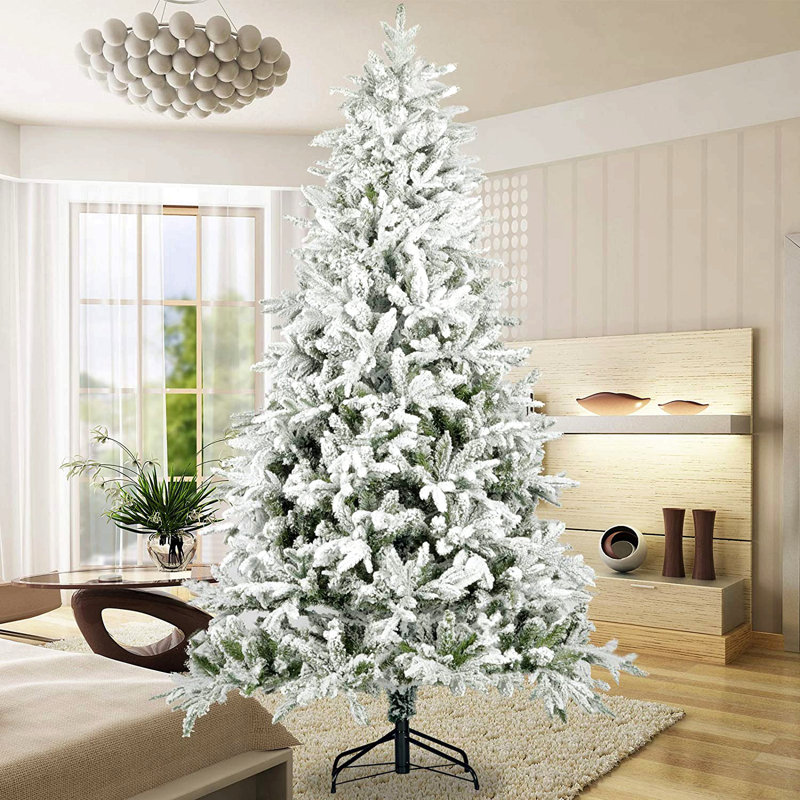 Arbre de Noël artificiel à charnière enneigé 7 pi avec des pointes réalistes blanches