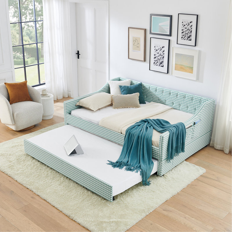 Lit de jour pleine grandeur, lit de jour convertible rembourré avec dossier capitonné, canapé-lit polyvalent 3 en 1 avec lit gigogne escamotable et rangement latéral, parfait pour un salon compact en cyan