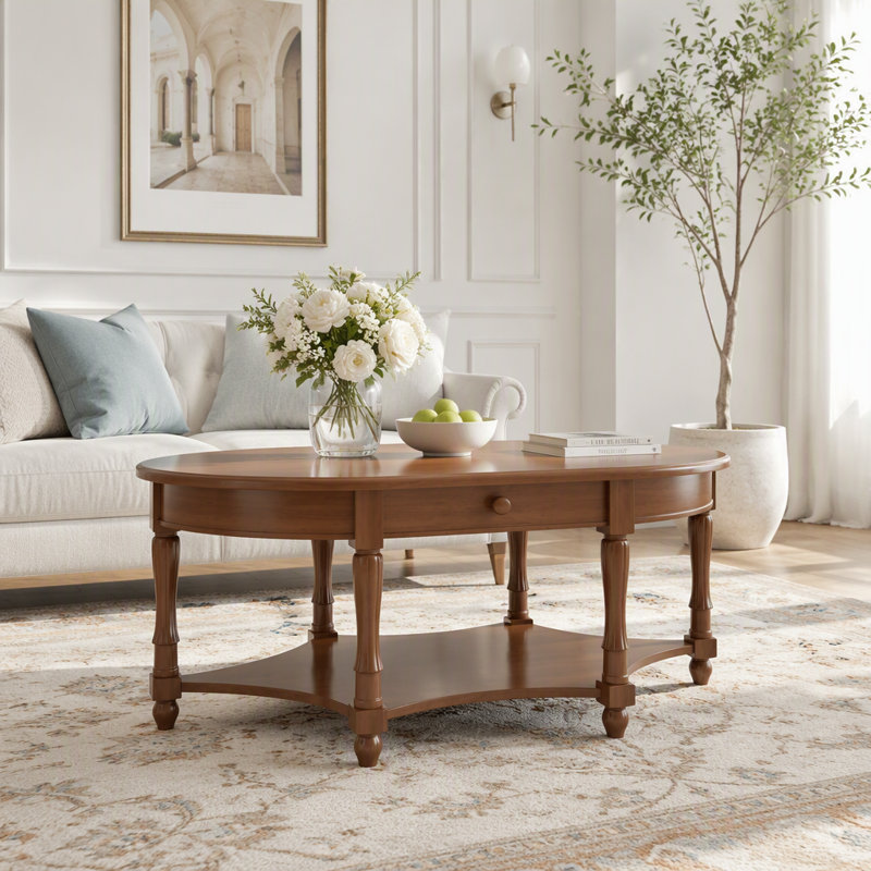 Table basse ovale vintage avec tiroir et tablette de rangement, Dark Walnut