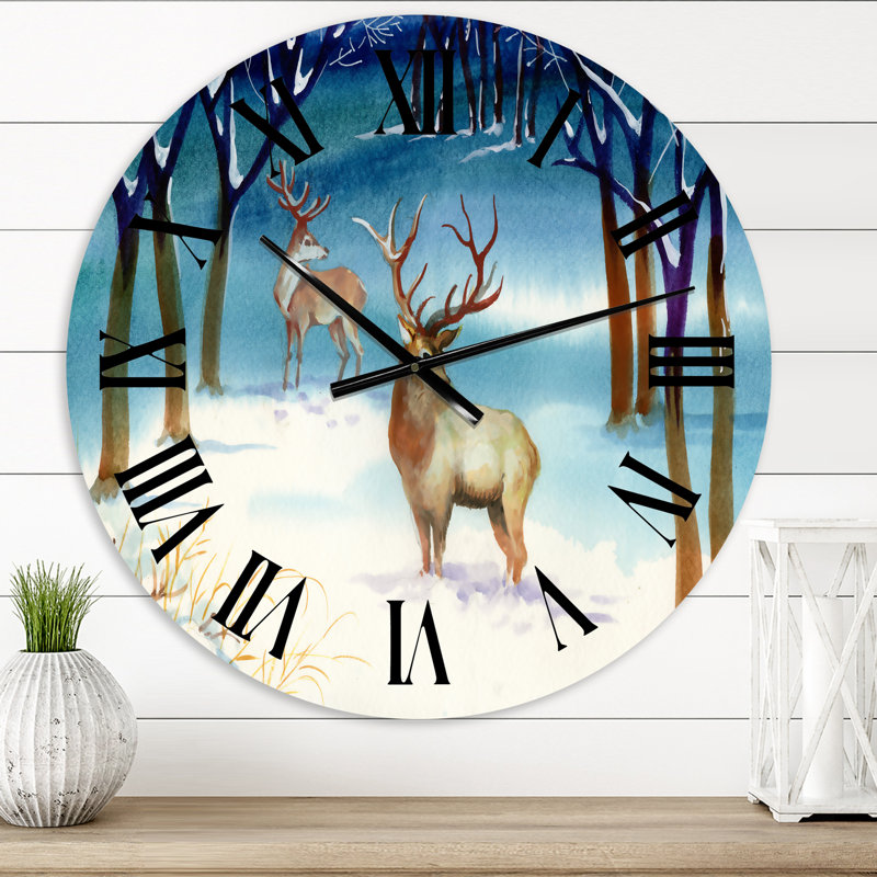 Paysage d'hiver avec des cerfs - horloge murale traditionnelle, Moyen