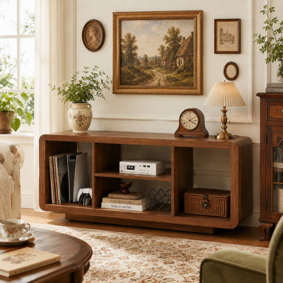 Meuble télé de style Mid-Century pour téléviseur de 65 po ou moins avec tablette de rangement ouverte et station de charge, centre de divertissement pour le salon, chambre à coucher