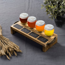 MyGift Dark Brown Slatted Wood Beer Flight Tasting Sampler Tray with 4 Glass Cups and Mini Chalkboards