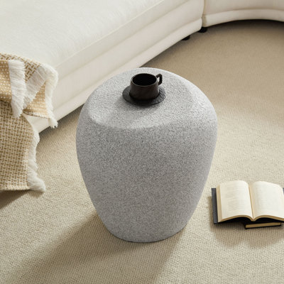  19.29 Inch Fibreglass Side Table, Modern Round Drum End Table, Textured Urn Accent Bedside Nightstand Stool, Beige