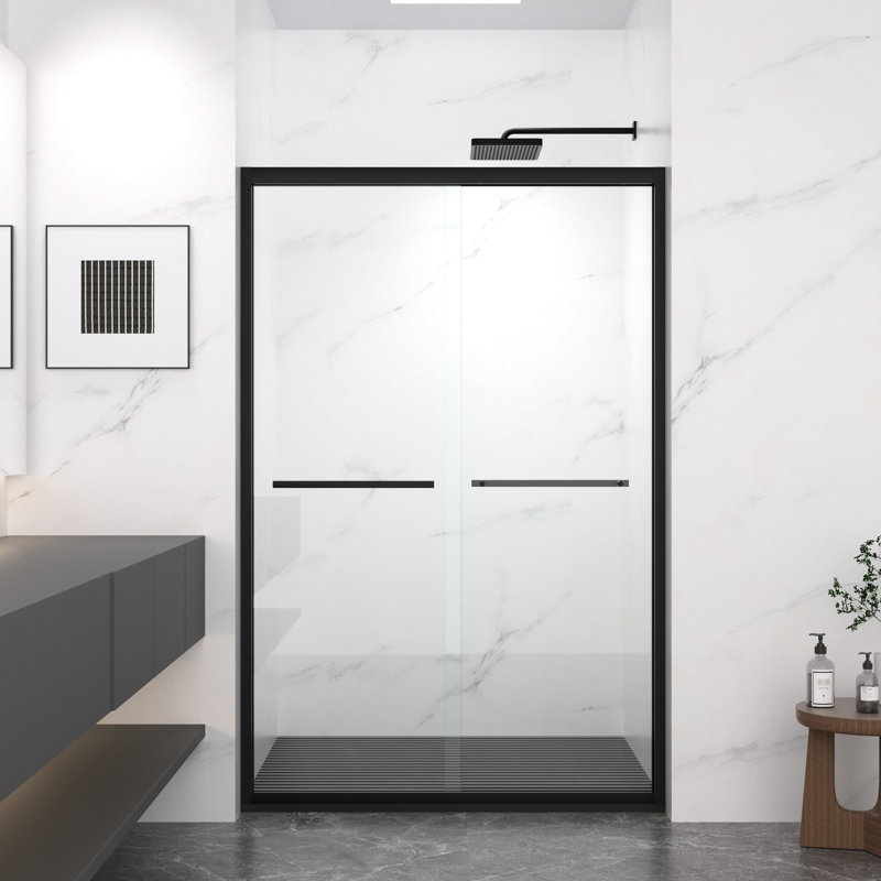 Porte de douche coulissante double en aluminium de 48 po de profondeur avec verre trempé de 8 mm, poignée en acier inoxydable, protection contre les accidents, réversible pour la salle de bain