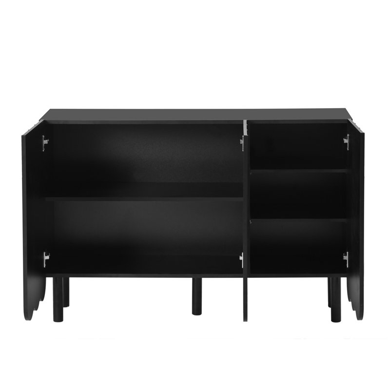 Cream Style Minimalist Shoe Cabinet With 5 Solid Wood Legs, Sideboard Buffet Cabinet With Adjustable Shelves, Large Storage Cabinet With Wave Doors For Living Room