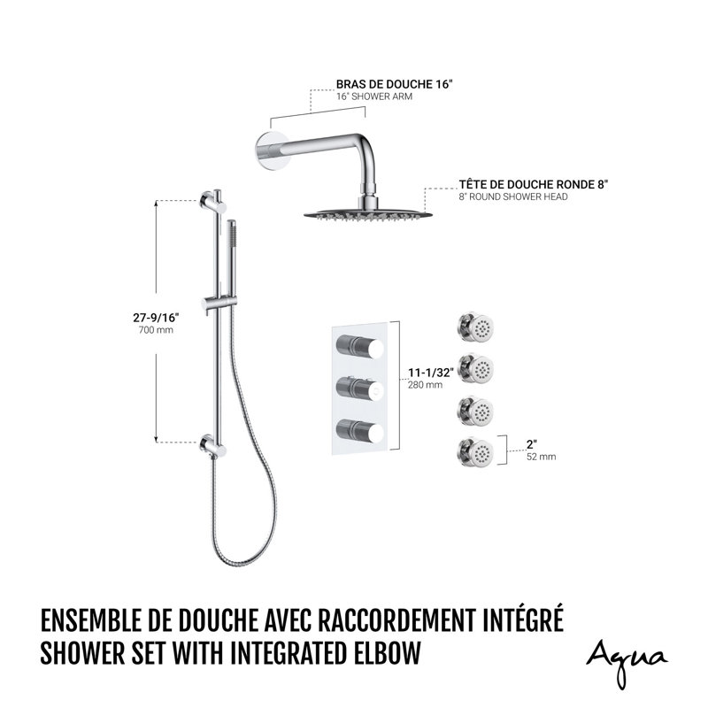 Ensemble de douche avec douchette sur rail avec coude intégré, pomme de douche à pluie et quatre jets de corps chromés