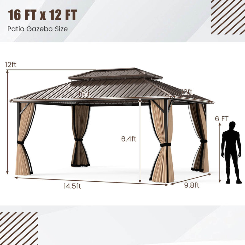 Pavillon de jardin avec toit rigide en métal galvanisé à double toit, H 192 po x l 144 po x P 144 po