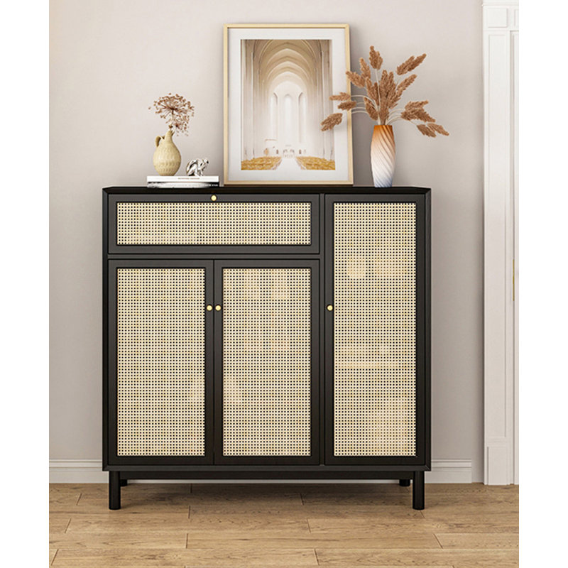Armoire à chaussures minimaliste en bois massif de rotin moderne, Noir, naturel