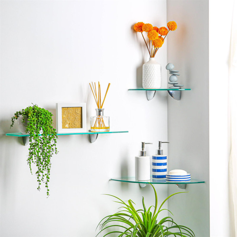 Harbour Housewares - Floating Glass Shelves with Silver Brackets - Set of 6, 0.50cm H x 40cm W x 13cm D