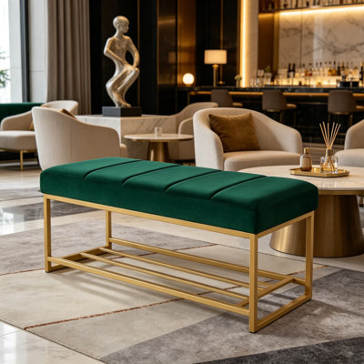 Banc de lit tapissier en velours de jade avec tablette en métal, banc d'entrée capitonné moderne pour le salon, la chambre à coucher, structure en métal doré