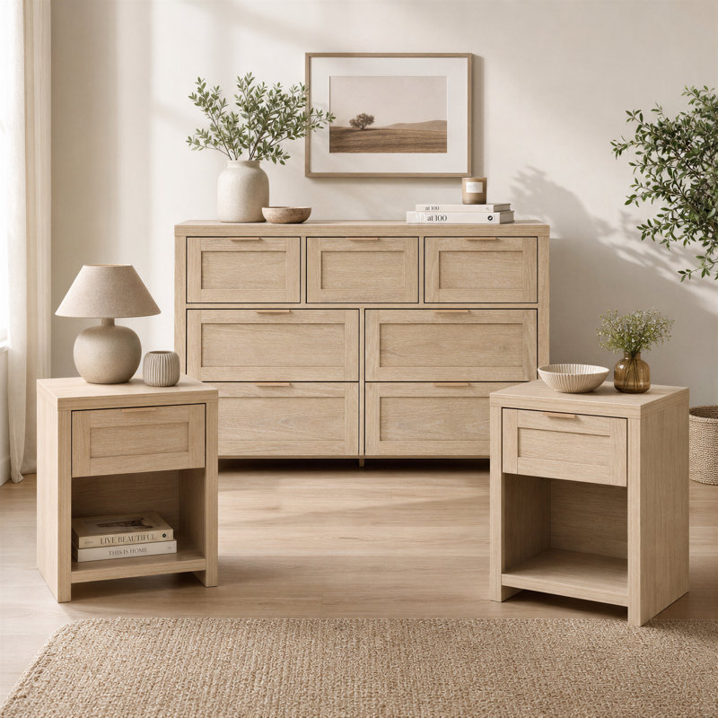 3 Pieces Bedroom Set with Dresser & Nightstands, Light Natural Oak