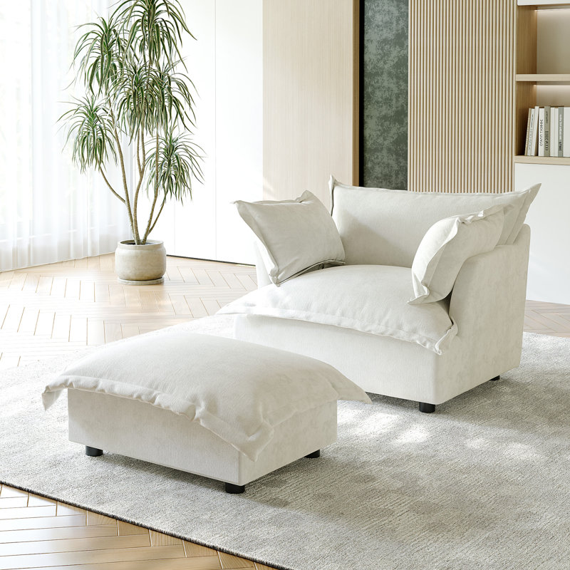 Plush Beige Upholstered Chenille Accent Chair with Oversized Cloud Cushions and Movable Ottoman, Beige